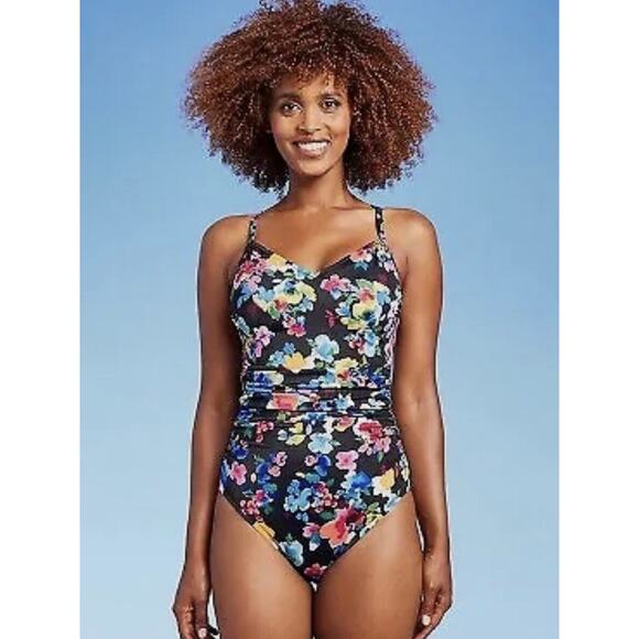 Aqua Green Black Floral One Piece S NWT - Picture 2 of 7